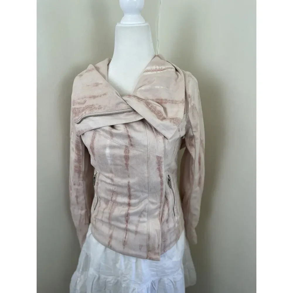 Anthropologie BlankNYC Hippie Dippe Faux Suede Jacket XS Pink Cream Moto Boho - Picture 3 of 13